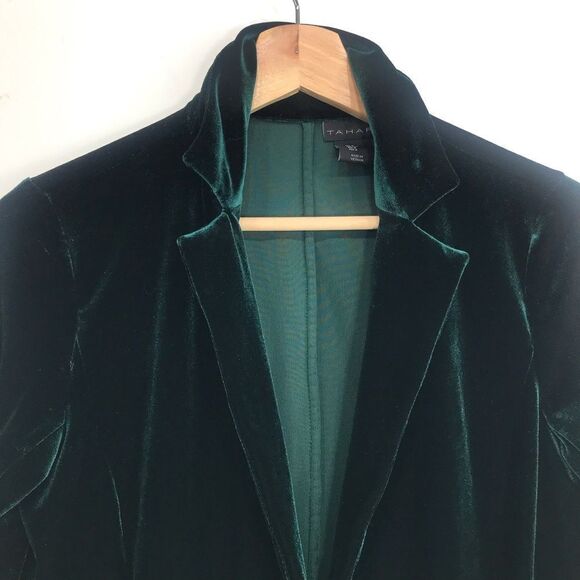 Tahari Dark Green Velvety Soft Velour Jewel Tone Holiday Blazer Jacket - Picture 3 of 16